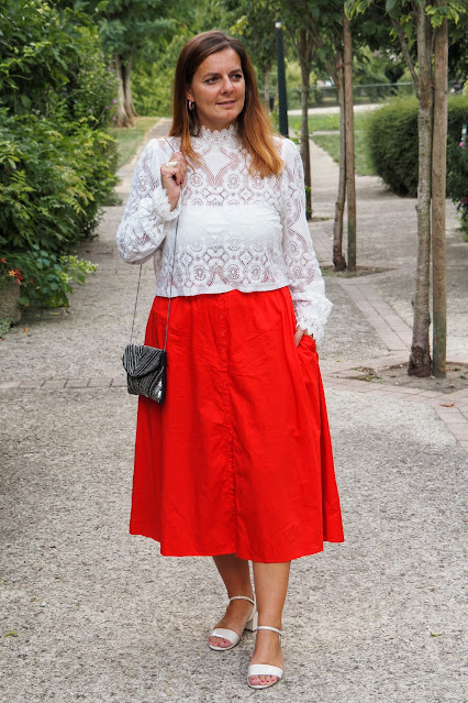 Look du jour, mode, jupe rouge, sandales jonak, les petites bulles de ma vie