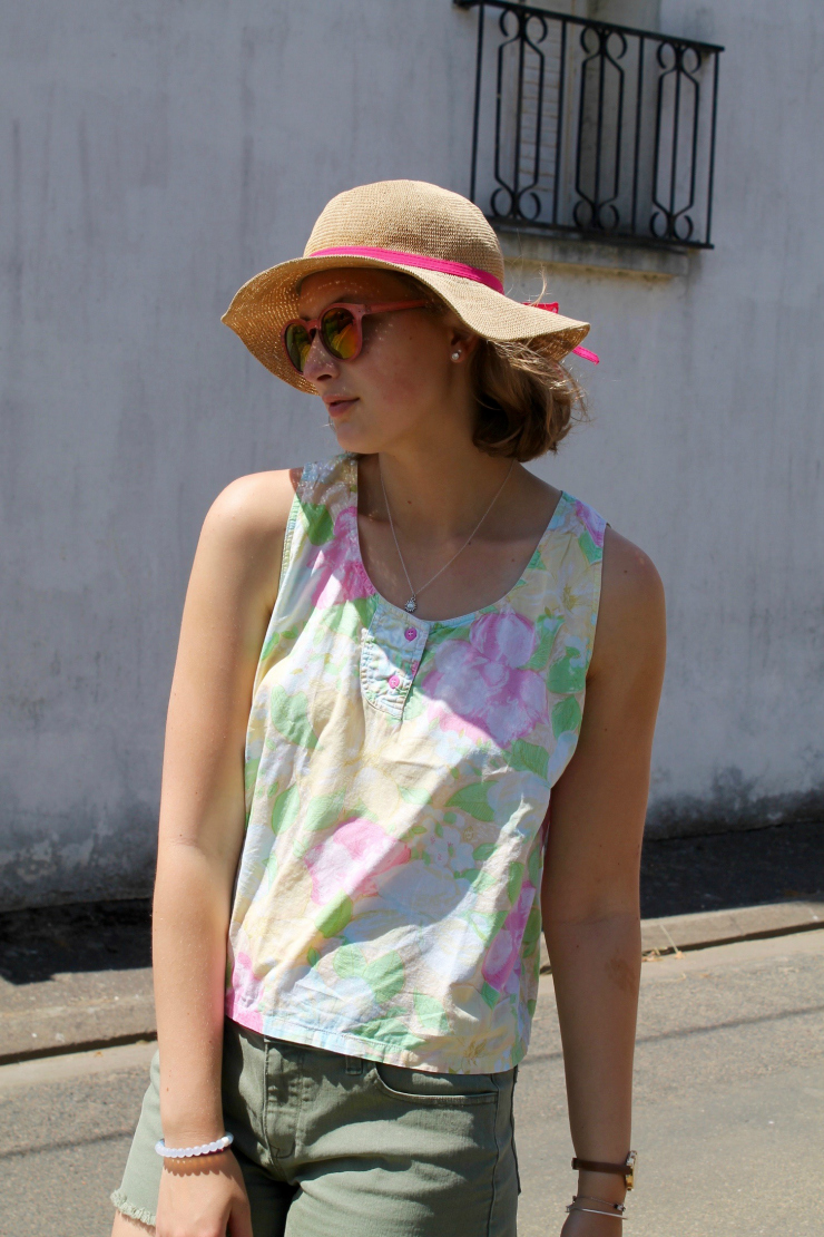 flowery summer shirt and olive green shorts