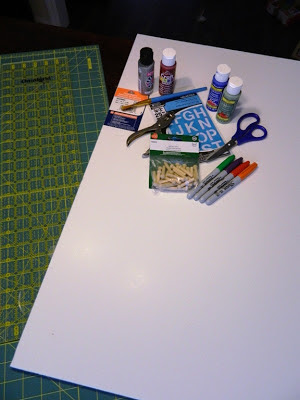 DIY Peg Board Game: Items for making the cards, etc. (Markers, glue, scissors, paints, pegs, and stencils.