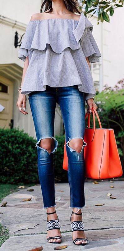 fashion trends outfit; top + skinny jeans + bag + heels