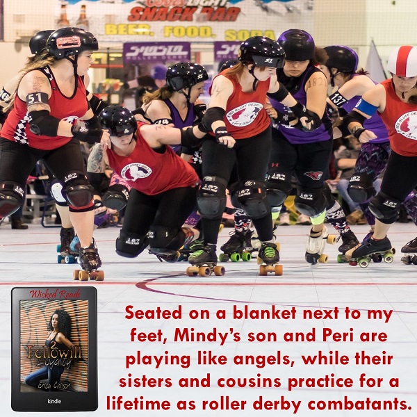 Seated on a blanket next to my feet, Mindy’s son and Peri are playing like angels, while their sisters and cousins practice for a lifetime as roller derby combatants.