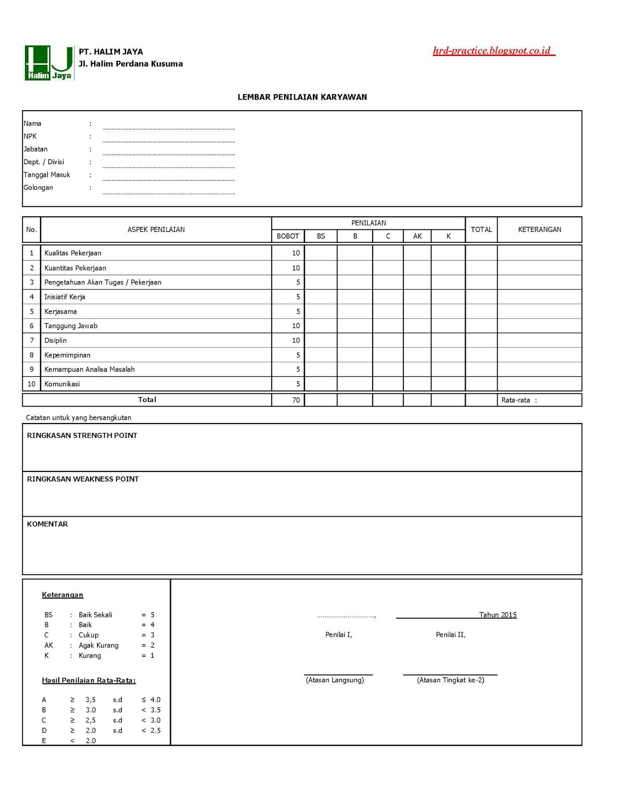 Formulir Penilaian Karyawan - Contoh 1 ~ HRD-PRACTICE