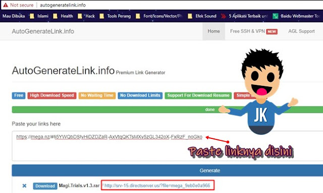 Paste link Mega tersebut dan Klik tombol "GENERATE"