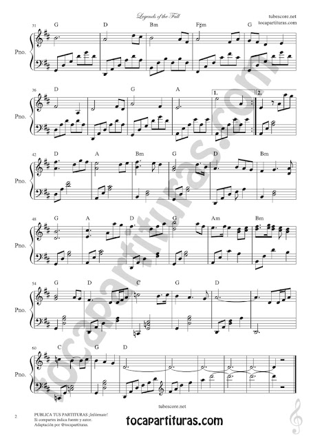 Hoja 2 Leyendas de Pasión Partitura de Piano Versión tocapartituras.com Legend of the Fall Easy Sheet Music for Pianists