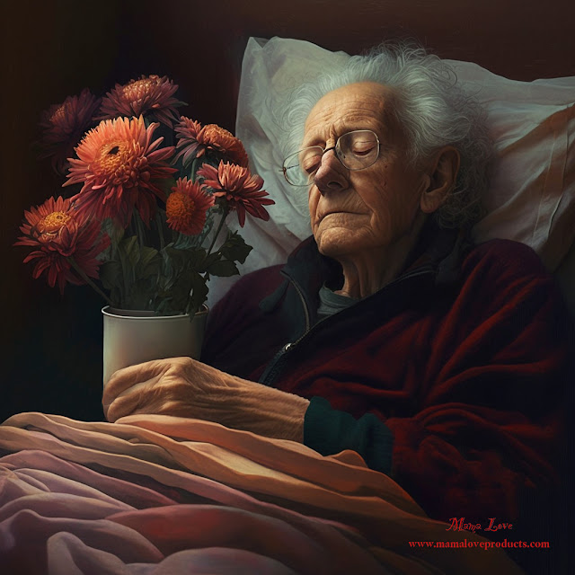 An elderly person in bed with Chrysanthemum flowers in a vase nearby