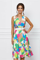 Rochie Diana multicolora cu imprimeu floral painty si curea in talie