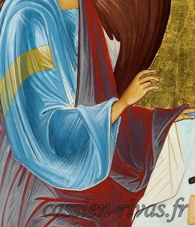 Détail du vêtement bleu de l'icône byzantine de la sainte trinité