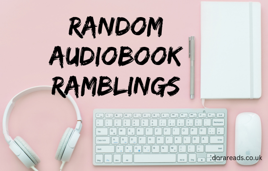Title: Random Audiobook Ramblings. Background: pink with white headphones, computer keyboard, notebook etc.