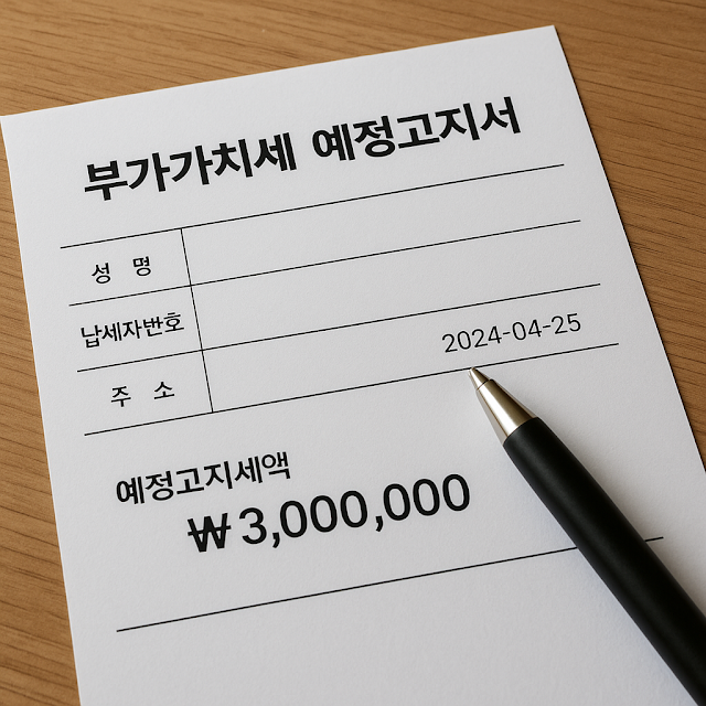 부가가치세 예정고지서가 나무 책상 위에 놓여 있고, 3백만 원이 명시된 고지서 옆에 검정색 볼펜이 놓여 있는 모습