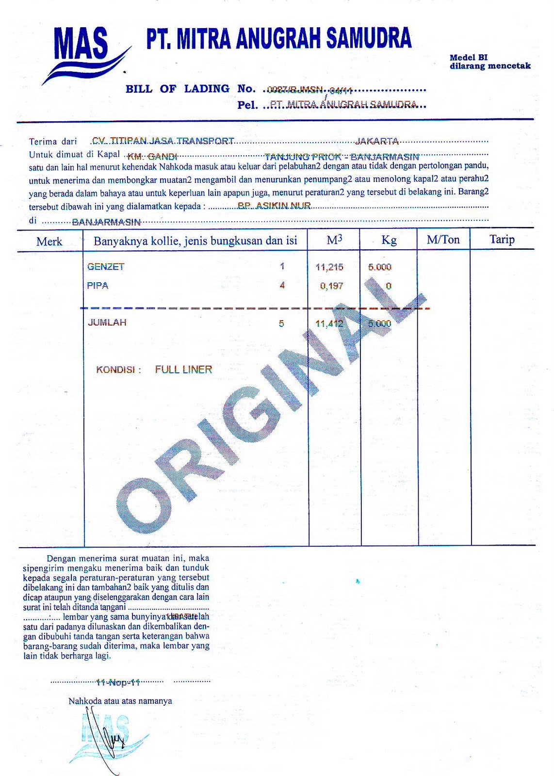 PT. Titipan Terminal Transport: Bill of lading (konosemen 