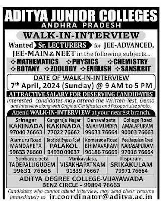 Aditya Junior Colleges Senior Lecturers JEE, NEET Recruitment 2024 Walk in interview