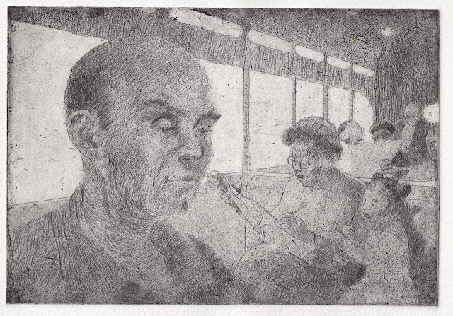 Etching of streetcar interior with pensive man in foreground, mother reading large book wile her daughter looks on, other passengers in background.