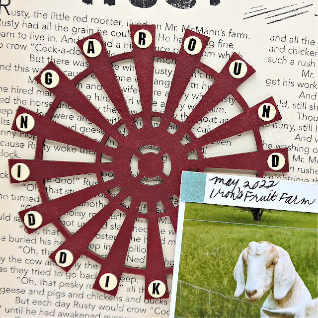 Acrylic Painted Chipboard Windmill with Letter Sticker Title on a Farm Fresh Scrapbook Layout