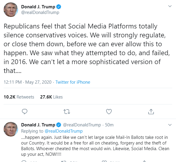 Trump threatens to shut down social media platforms after Twitter put a warning on his tweet