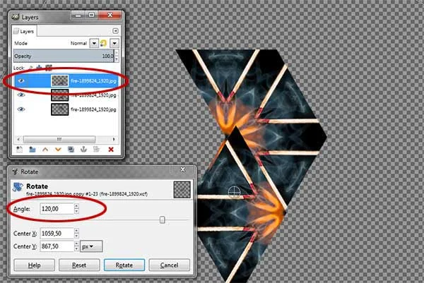 Rotate the duplicate layer by 120 degrees using the Rotate Tool.