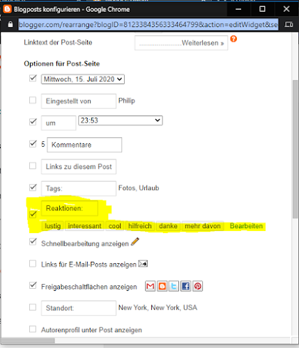 Bild vom Menü für die Blogposts von Blogger.com - Reaktionen anpassen markiert.