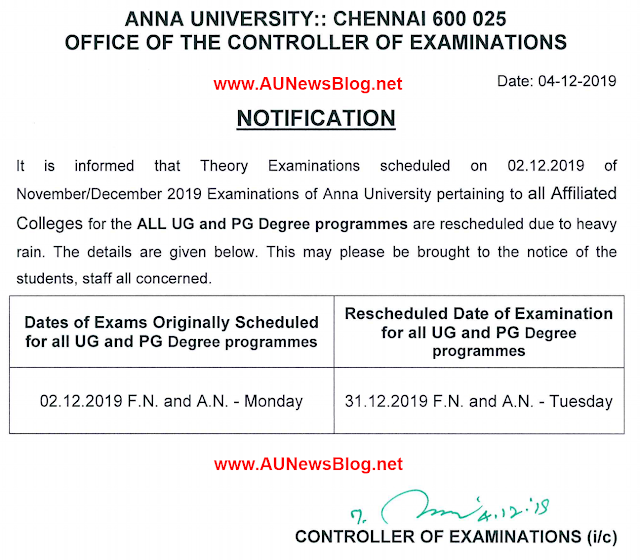 Anna University New Rescheduled date for Nov Dec 2019 exams