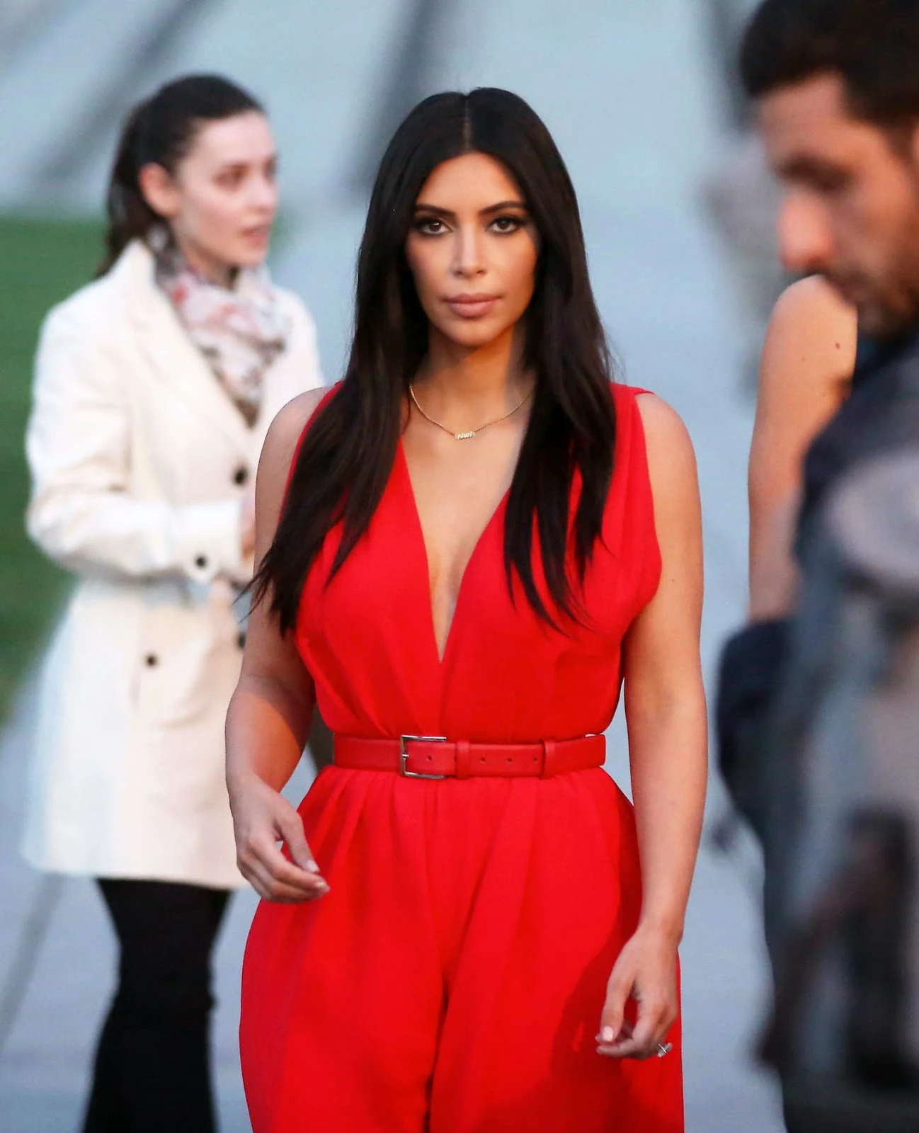 Kim Kardashian in a red jumpsuit at the Armenian Genocide Memorial in Yerevan