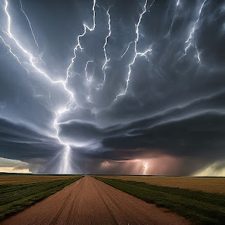A powerful thunderstorm with intense lightning, and thunder.