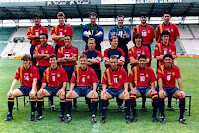 ELECCIÓN DE ESPAÑA - Temporada 1994-95 - Nadal, Julio Salinas, Zubizarreta, Cañizares, Caminero, Fernando Hierro; Abelardo, Luis Enrique, Javier Clemente (entrenador), Delgado Meco (preparador físico), Amavisca, Voro; Julen Guerreo, Goicoechea, Belsué, Donato, Cuéllar y Alcorta - Plantilla de la Selección para el partido amistoso  jugado el 22/02/1995 contra Alemania