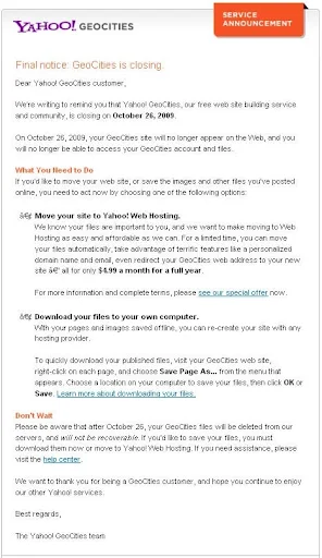yahoo geocities closed