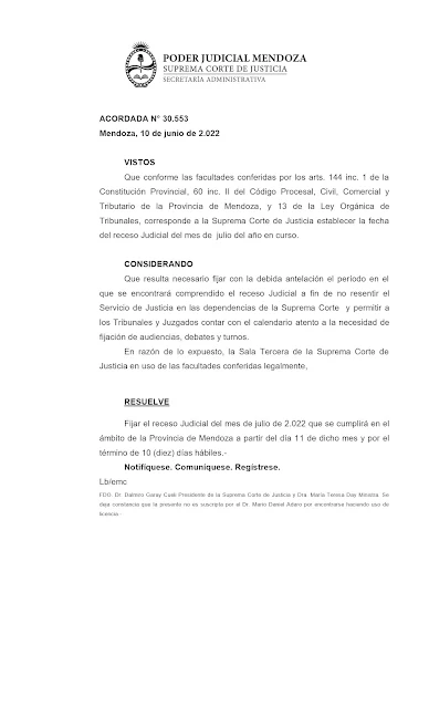 Feria Judicial de Mendoza - Julio 2022 - Texto Acordada 30.553. Poder Judicial de Mendoza