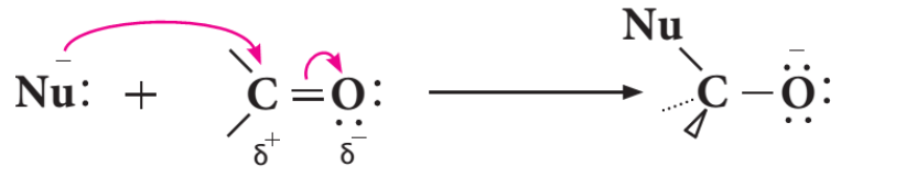 A) 1st step: Nucleophile approaches carbon of carbonyl group and forms a new bond. This bond breaks double bond between oxygen and carbon and pushes a pair of electrons to oxygen atom.