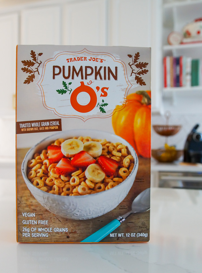 Trader Joe's Pumpkin O's Cereal on kitchen counter