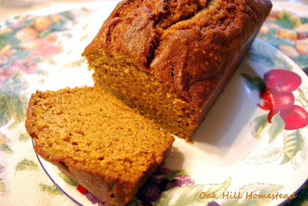 A loaf of pumpkin bread, sliced, on a pretty plate.