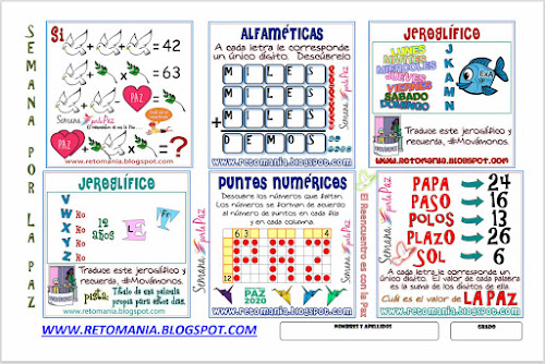 Semana por la Paz, Matemáticas y Paz, Jeroglíficos, Retos matemáticos, Desafíos matemáticos, Problemas matemáticos, Acertijos, Puntos numéricos, Jeroglíficos, Alfaméticas, Criptoaritmética, Criptograma