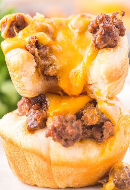 Cheeseburger Cups stacked on a white plate.