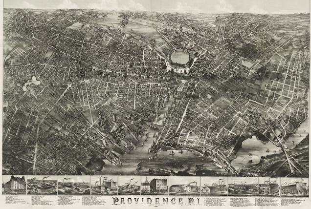 Pen and ink sketch of Providence from 1882 showing much smaller buildings and less developed roads