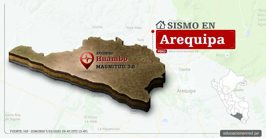 Temblor en Arequipa de Magnitud 3.6 (Hoy Domingo 7 Marzo 2021) Sismo - Epicentro - Huambo - Caylloma - IGP - www.igp.gob.pe
