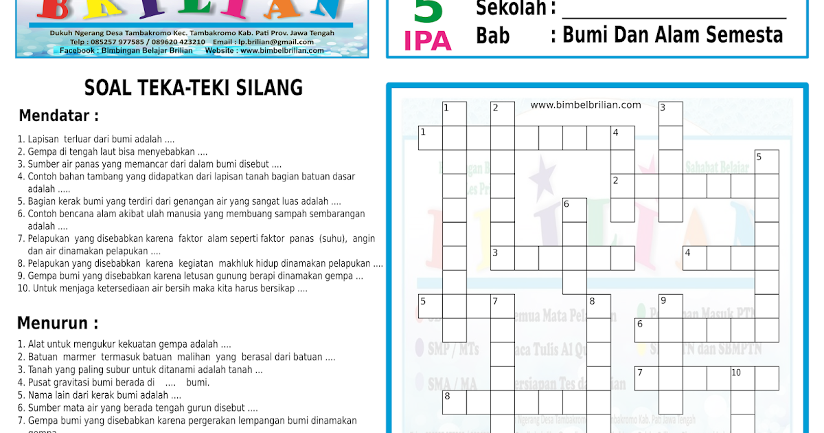 Soal TekaTeki Silang ( Tts ) Ipa Kelas 5 Sd Pecahan Bumi