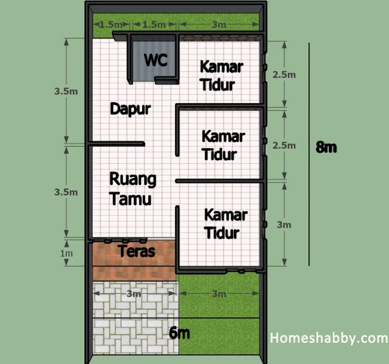 Desain dan Denah Rumah Minimalis Ukuran 6 x 8 M 3 Kamar  