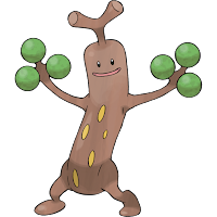 Artwork of the pokemon, Sudowoodo, which looks like a small brown tree with green balls (like leaves) on its arm-like appendages.