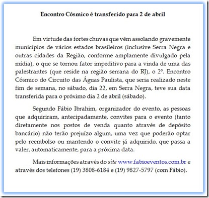 Nota oficial sobre a transferência do Encontro Cósmico