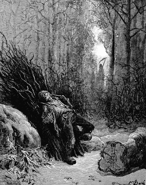 a Gustave Dore illustration of a man near his end with death waiting