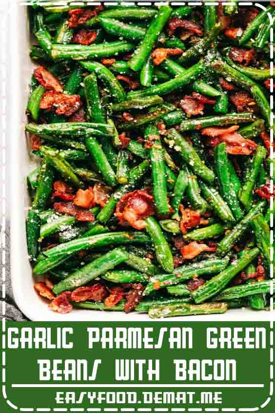 Garlic Parmesan Green Beans with Bacon is such a delicious and classic side dish. Tender green beans cooked in garlic and parmesan with added bacon will be a winner at the dinner table!#Beans#Green Beans