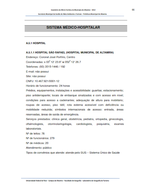 INVENTÁRIO DA OFERTA TURÍSTICA DO MUNICÍPIO DE ALTAMIRA - Pará - Brasil - 2012 - Parte I