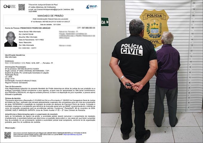 Sentenciado por estupro de vulnerável, idoso de 92 anos é preso pela Polícia Civil em Parnaíba