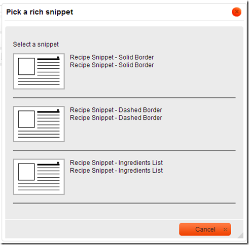 Pick a recipe snippet dialog