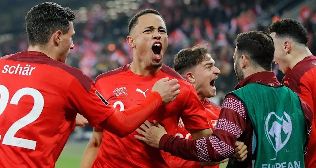 Swiss team players after scoring a goal in the European finals (archive)