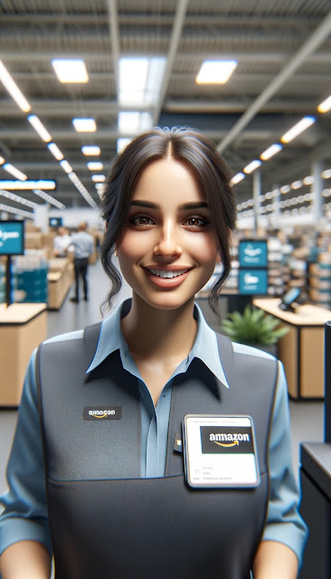 A young lady cahier is happily greeting her customer at an Amazon sales counter