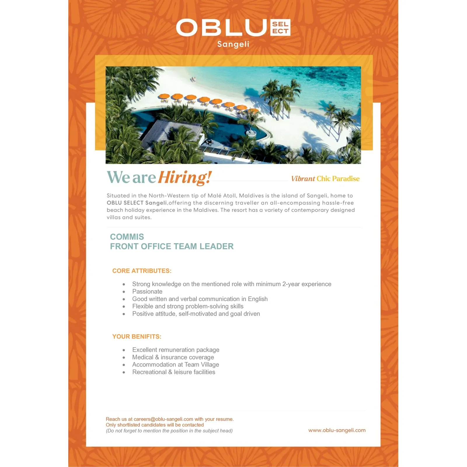 OBLU SELECT Sangeli: Commis and Front Office Jobs in Maldives