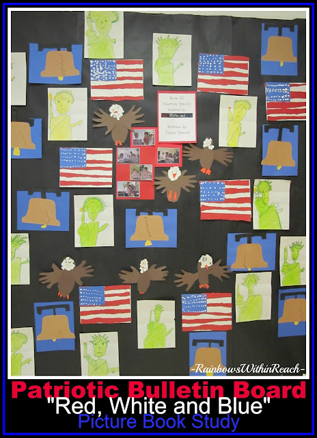 Bulletin Board of Patriotic Images for Author Illustrator School Visit with Debbie Clement