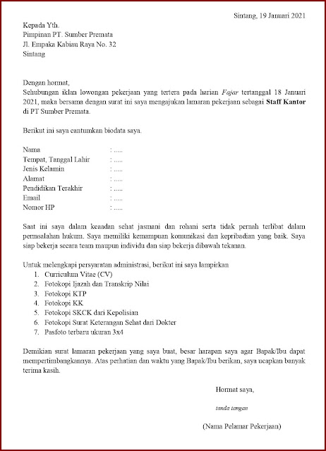 Contoh Application Letter Untuk Staff Kantor (Fresh Graduate) Berdasarkan Informasi Dari Media Cetak