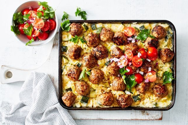 Swedish meatball risoni tray bake