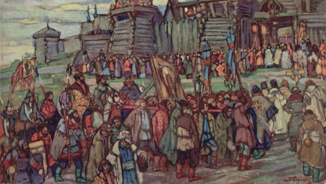 Рисунок людей у стен деревянного кремля