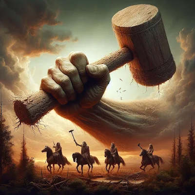 uma grande mão com um macete, macetando os quatro cavaleiros do apocalipse. Ilustração gerada por Inteligência Artificial da Microsoft. #PraCegoVer #ParaTodosVerem